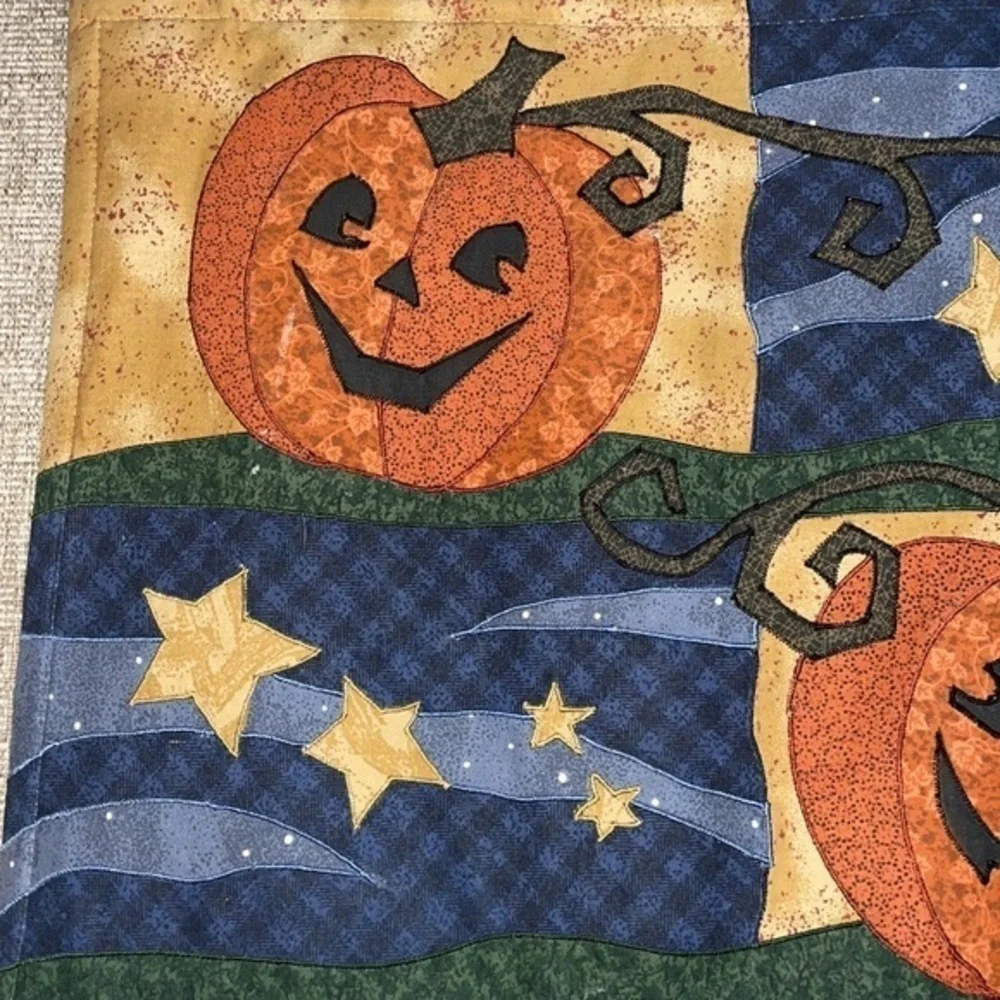 4 Quilted Halloween Jack O Lantern Fabric Placemats Pumpkin Moon Stars 18” x 13”